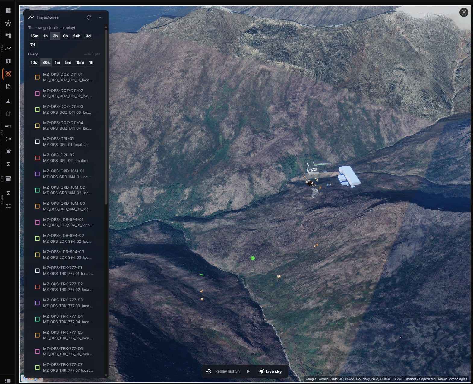 Trajectory replay of fleet movements on the site