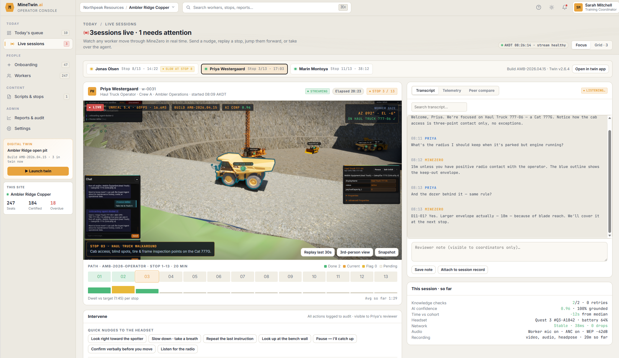 MineTwin Operator Console live sessions view: coordinator watching a worker move through a haul truck walkaround in the twin in real time